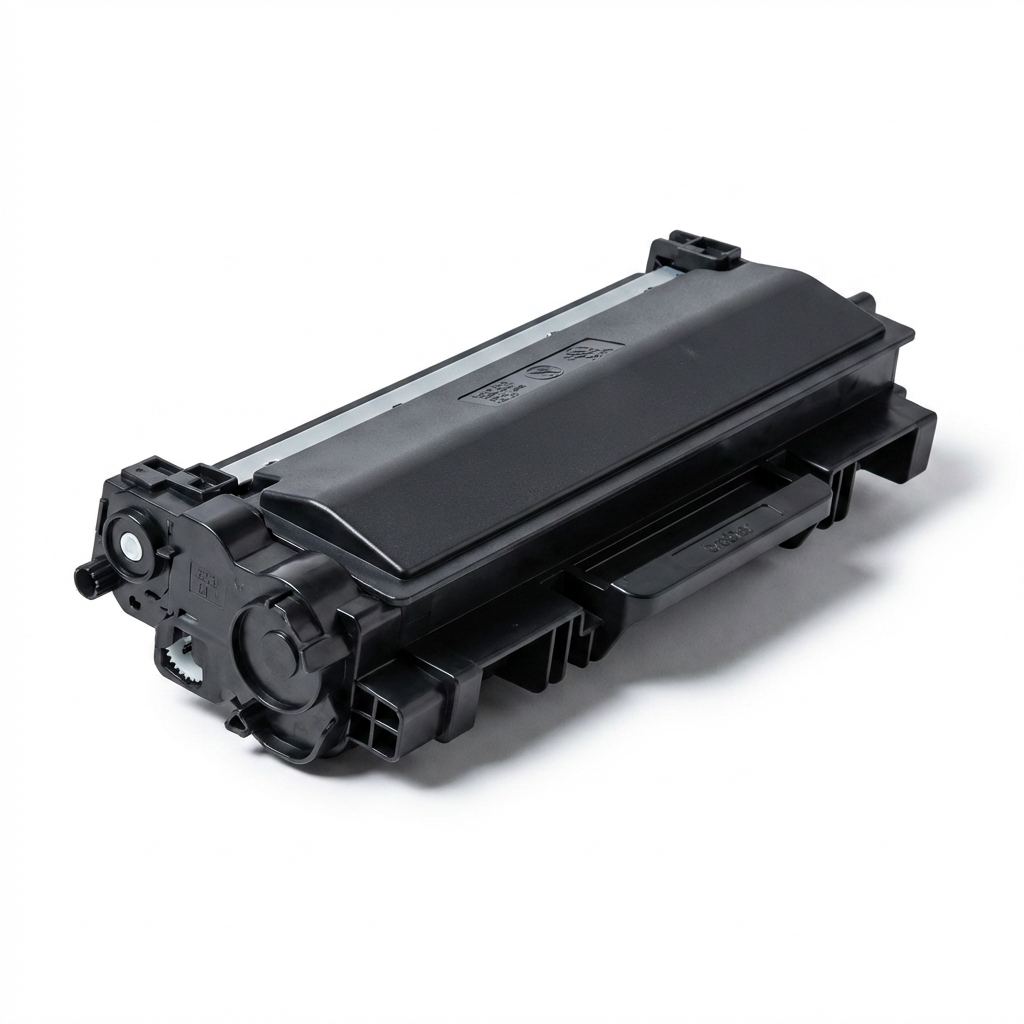 A photorealistic studio product photo of the Brother TN760 high yield mono laser toner cartridge on a pure white background, angled to show the right side with a soft shadow.