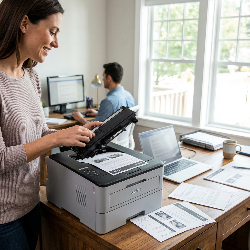 A home office with a woman installing a Brother TN760 toner cartridge into a laser printer.