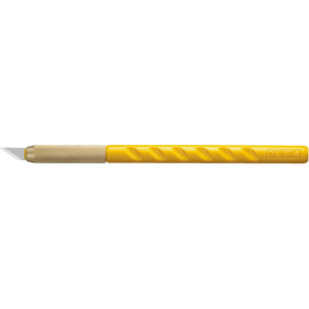 OLFA AK-1/5B graphic art knife with a yellow handle, brass blade lock, and precision steel blade.