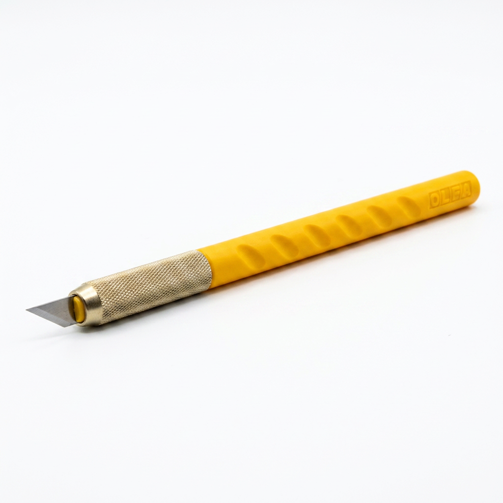 A photorealistic studio photograph of the Olfa AK-1/5B art knife, showing its yellow textured handle, knurled brass grip, and sharp blade, angled on a clean white background with a soft shadow.