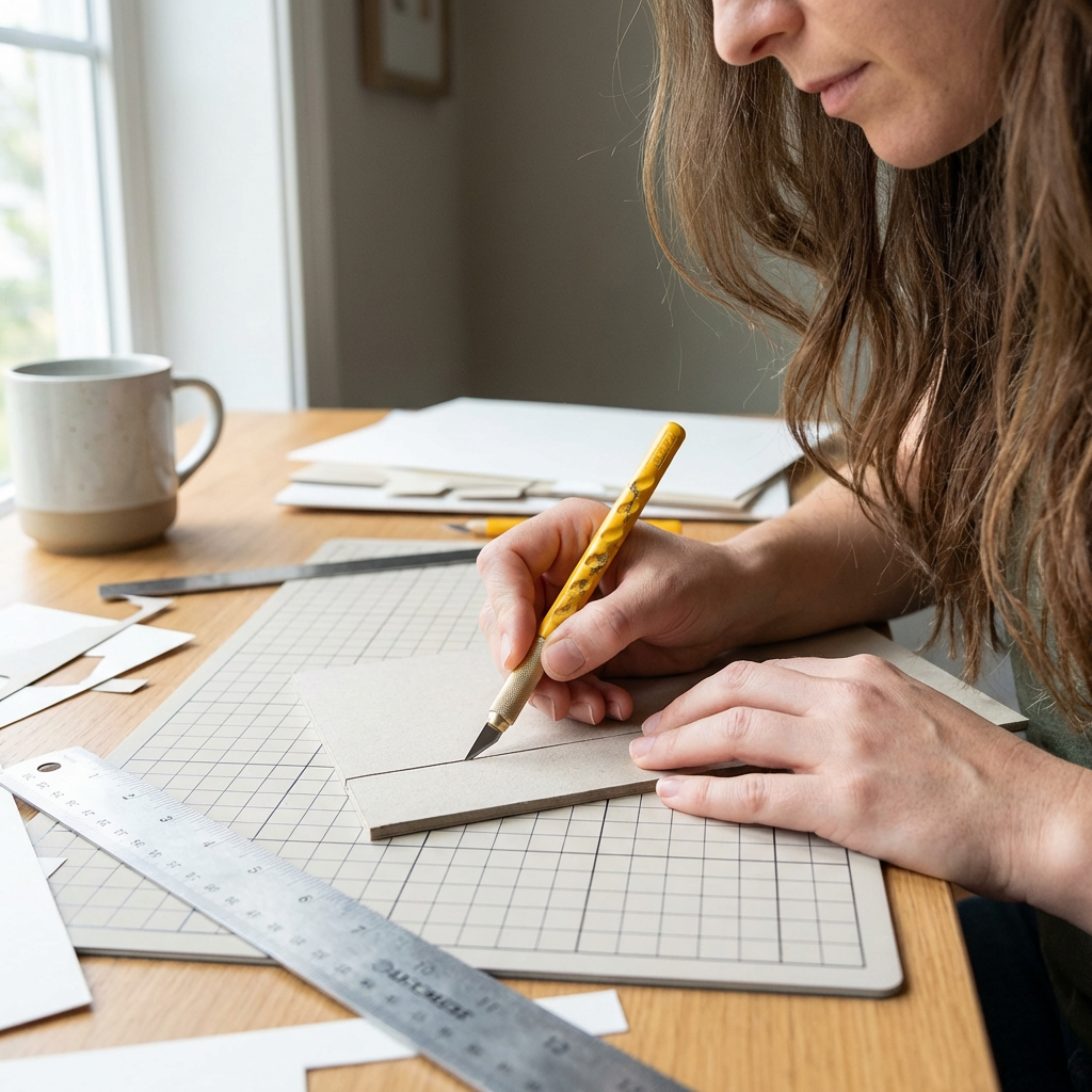 A woman uses the Olfa AK-1 art knife to cut a straight line into cardboard on a cutting mat. Natural light streams onto her workspace.