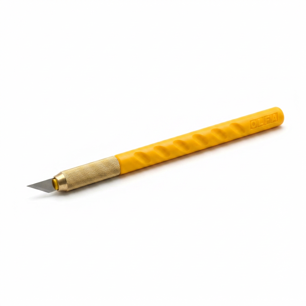 A photorealistic studio product photo of the Olfa AK-1 art knife. The yellow plastic handle and brass grip are angled to the right, centered on a pure white background with a soft shadow.