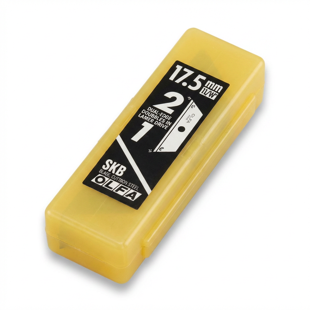 A photorealistic studio product photo of the yellow OLFA SKB-2/5B Dual-Edge Safety Blades case, angled to the left on a pure white background with a soft natural shadow.