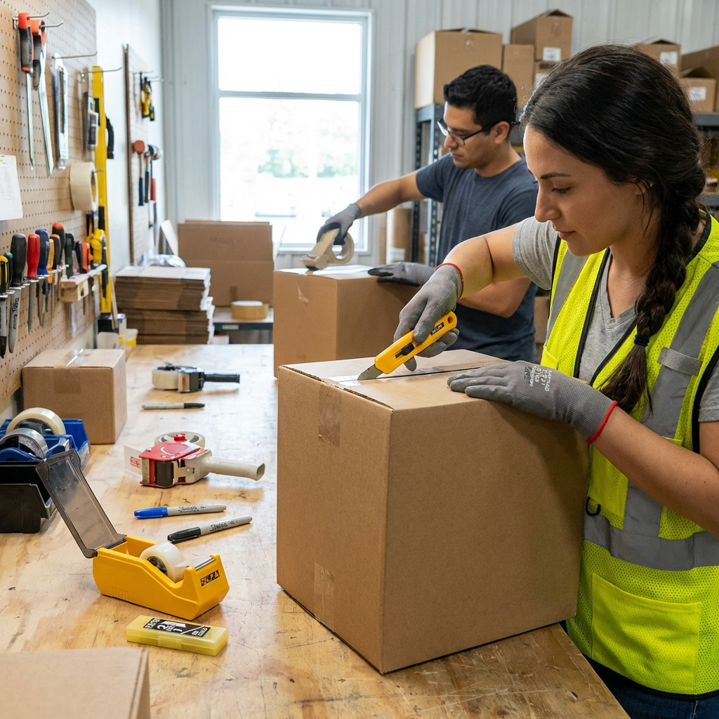 Two warehouse workers, a man and a woman in safety gear, are packaging boxes. The woman is using an Olfa SKB-2/5B blade in a yellow safety cutter to open a box; the dispenser is on the workbench next to her.