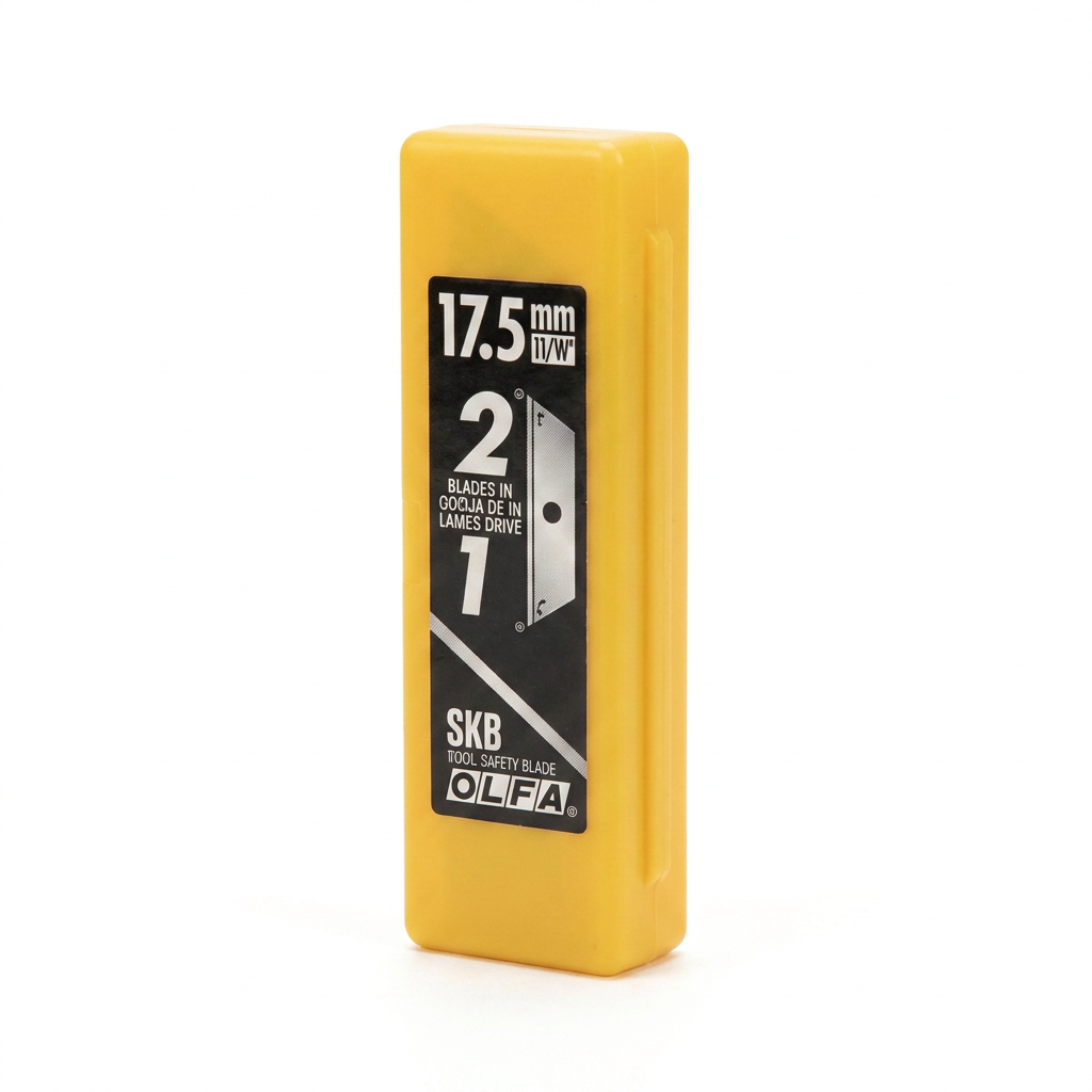 A photorealistic studio shot of a yellow plastic Olfa SKB-2/5B dual-edge safety blade dispenser, angled to the right on a white background with a soft shadow. The black and silver label showing "17.5mm SKB OLFA" is clearly visible.