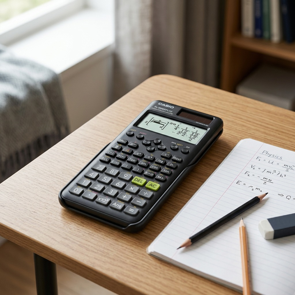 Casio FX-300ESPLS2 scientific calculator on a wooden desk with physics notes and pencils.