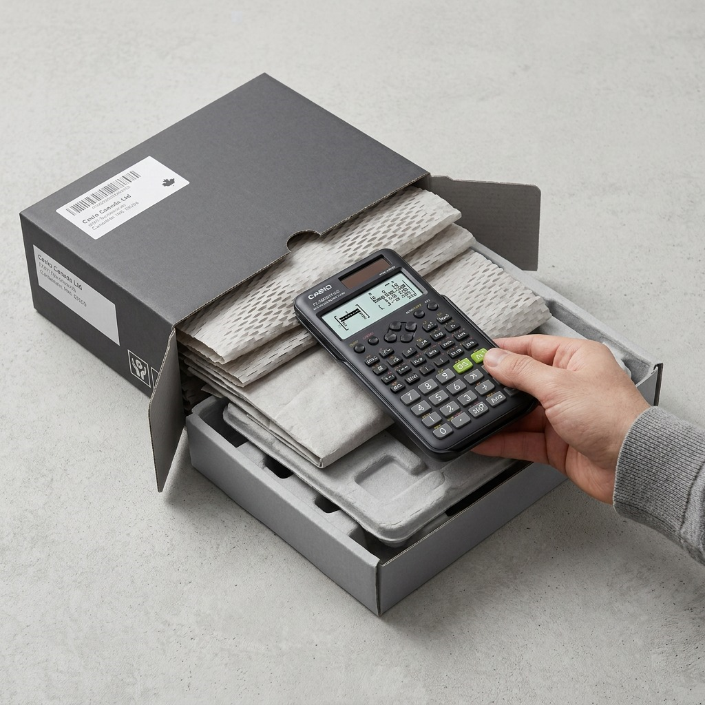 Hand unboxing a black Casio FX-300ESPLS2 scientific calculator from secure shipping packaging.