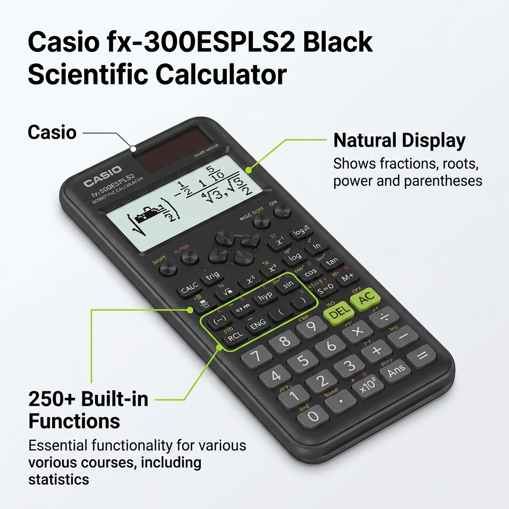 Casio fx-300ESPLS2 calculator featuring Natural Display for fractions and 250+ built-in functions.
