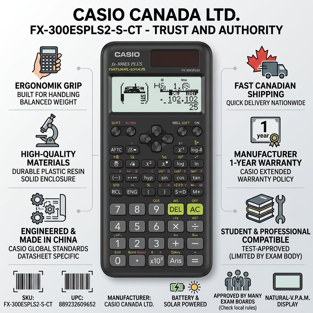 Casio FX-300ESPLS2 scientific calculator infographic highlighting build quality and fast Canadian shipping.