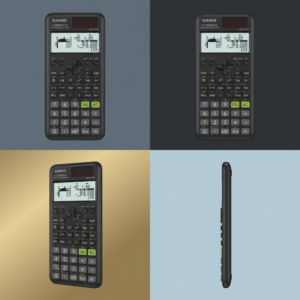 Four-grid view of the Casio FX-300ESPLS2 scientific calculator from front, angled, and side views.