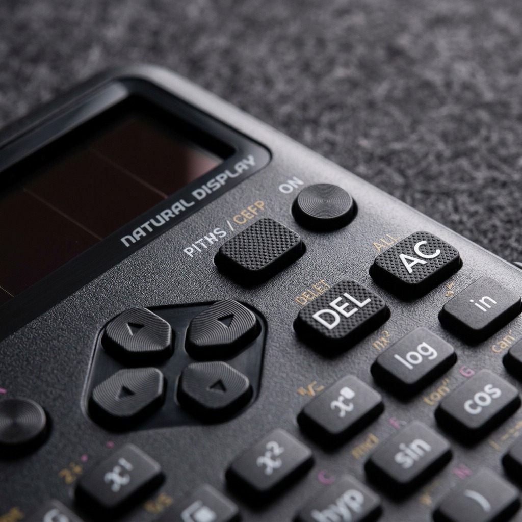 Macro detail of a Casio FX-300ESPLS2 scientific calculator showing textured buttons and display.