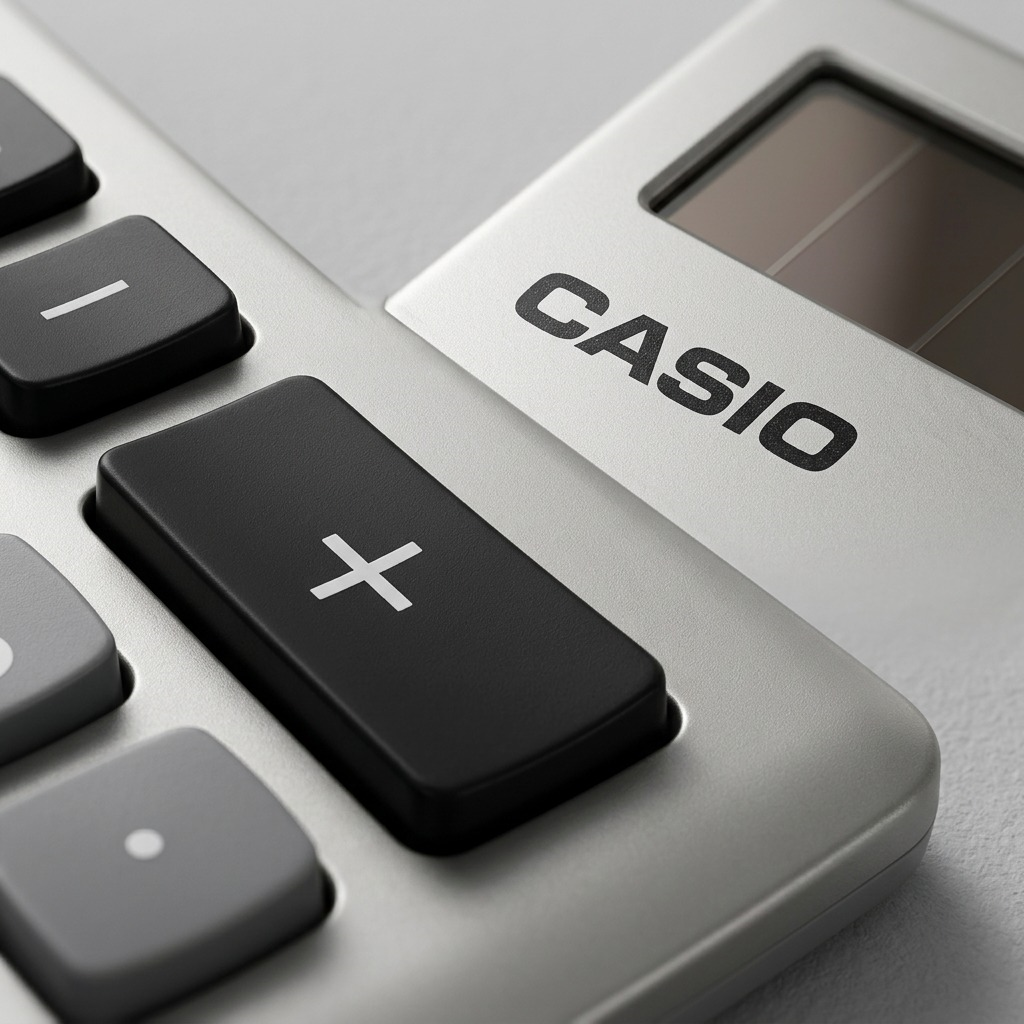 Macro detail of a silver Casio MS-80S calculator showing the solar panel and matte black keys.