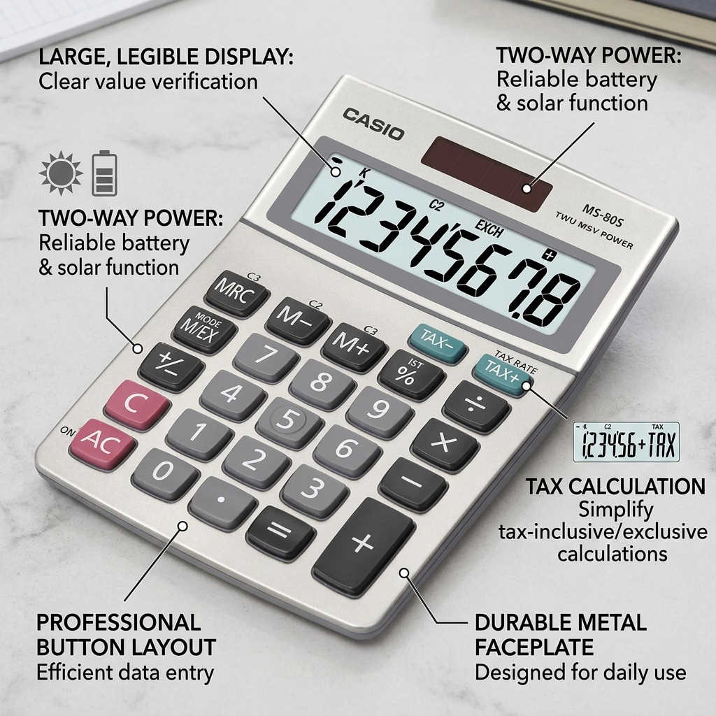 Casio MS-80S desk calculator with callouts highlighting large LCD, solar power, and tax functions.