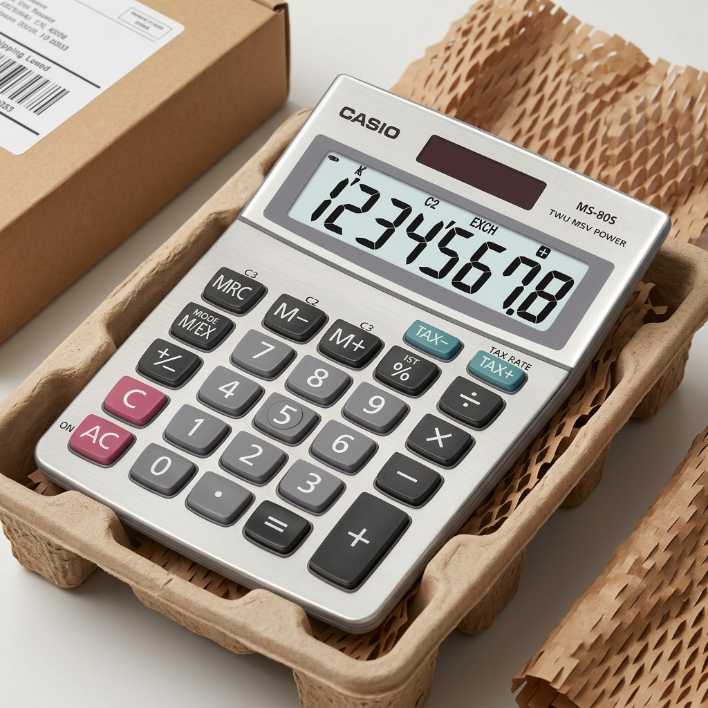 Casio MS-80S desktop calculator secured in protective recycled cardboard and paper shipping packaging.