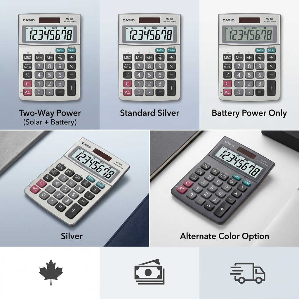 Matrix showing Casio MS-80S desktop calculator in silver and dark grey options with 8-digit LCD.