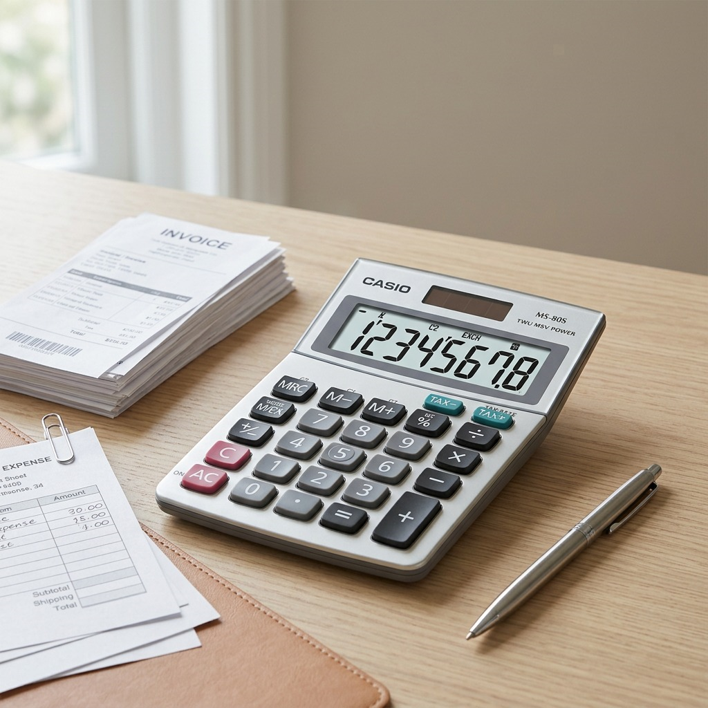Casio MS-80S desktop calculator on a wooden office desk next to an invoice, expense sheet, and pen.