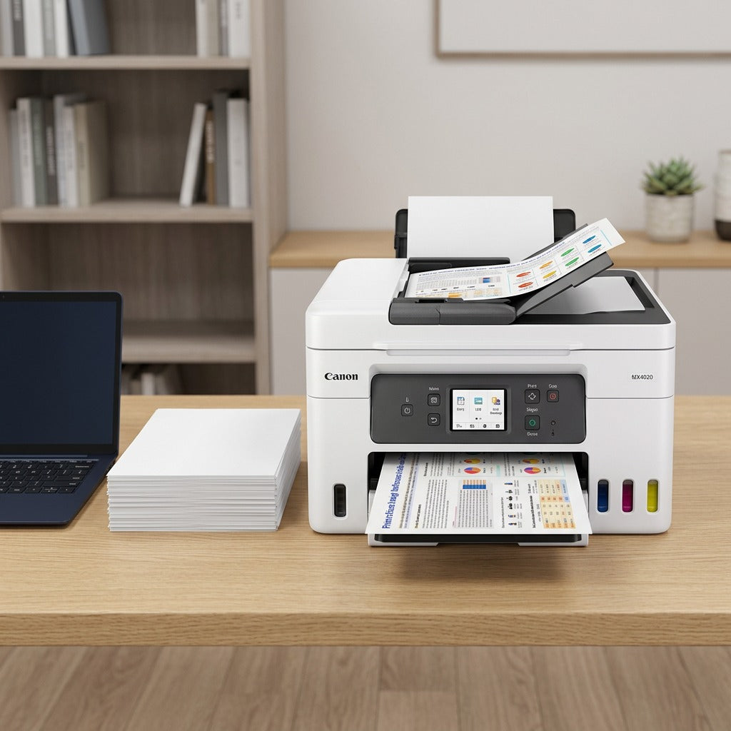 Canon MAXIFY GX4020 MegaTank printer on a desk next to a laptop and a stack of paper for scale.