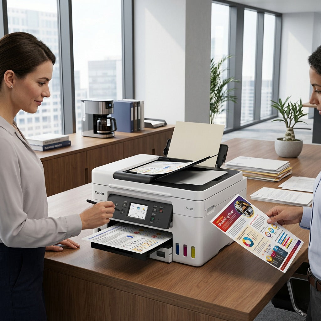 Two colleagues using a white Canon MAXIFY GX4020 MegaTank printer in a modern office.
