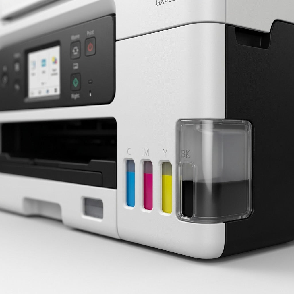 Macro detail of the Canon MAXIFY GX4020 MegaTank printer integrated ink refill windows.