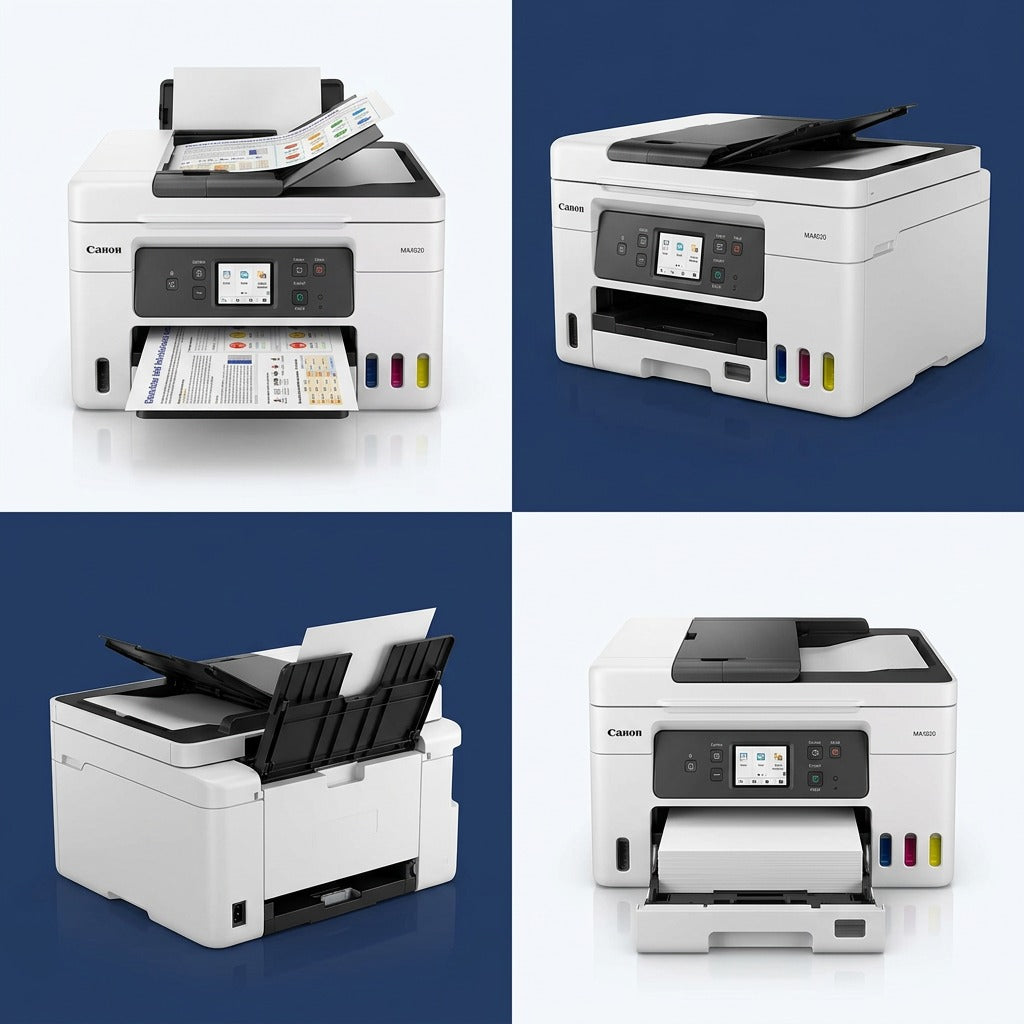 Four-panel matrix of the Canon MAXIFY GX4020 printer showing the touchscreen, rear tray, and ink tanks.