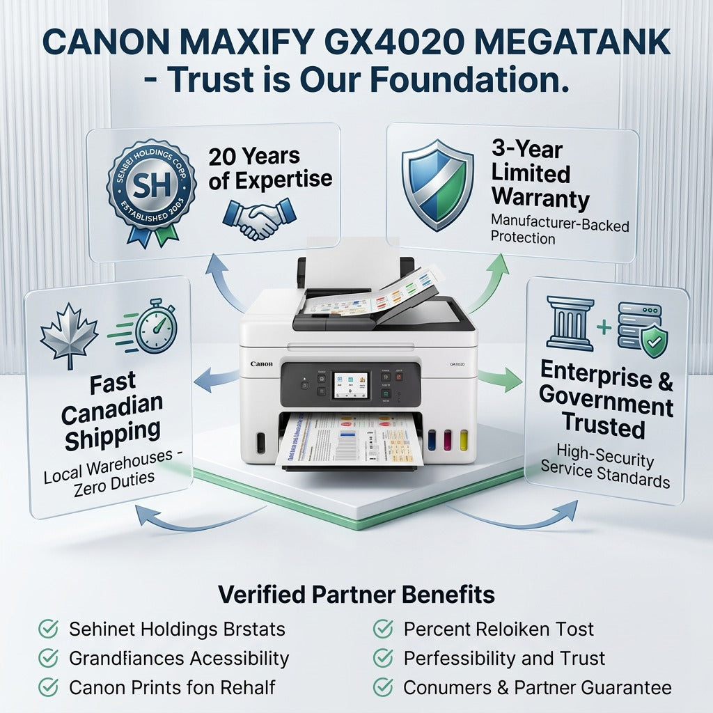 Canon MAXIFY GX4020 MegaTank Printer infographic highlighting local Canadian shipping, 3-year warranty, and enterprise trust.