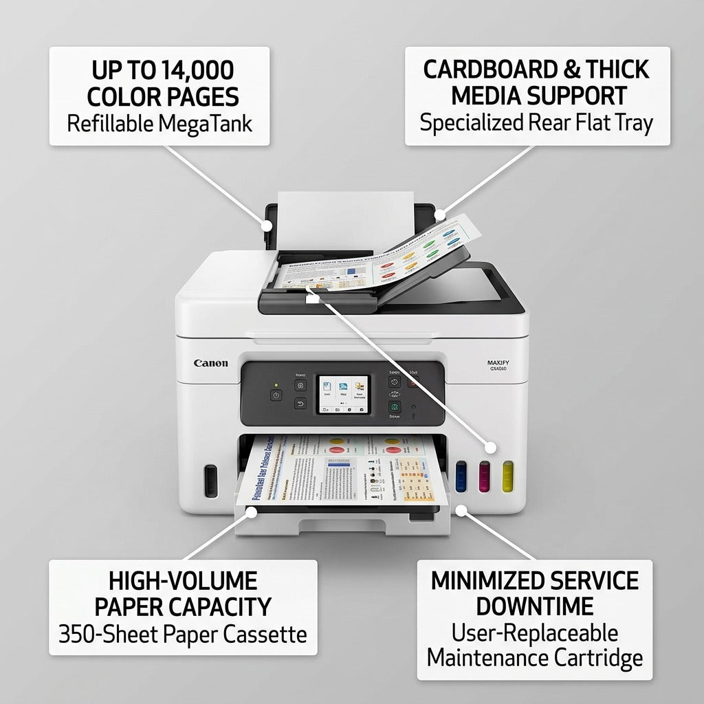 Canon MAXIFY GX4020 printer with callouts for MegaTank, 350-sheet tray, and thick media support.