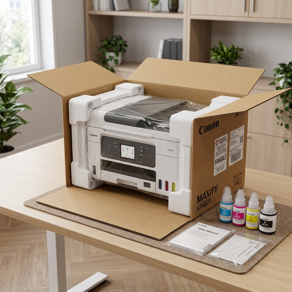Canon MAXIFY GX4020 printer securely packaged in a shipping box with foam inserts and ink bottles.