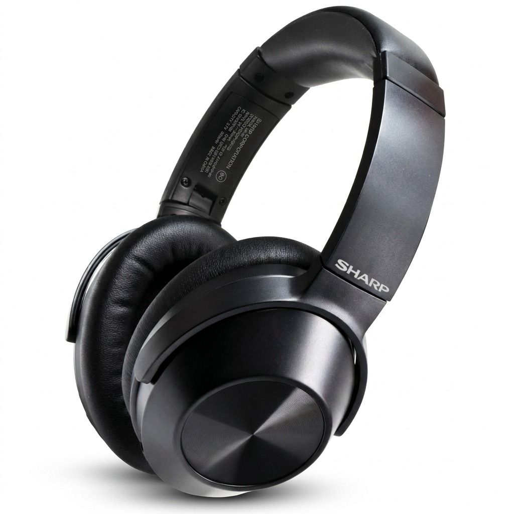 A flawless product photograph of the black Sharp HP-60 headphones centered on a pure white background.