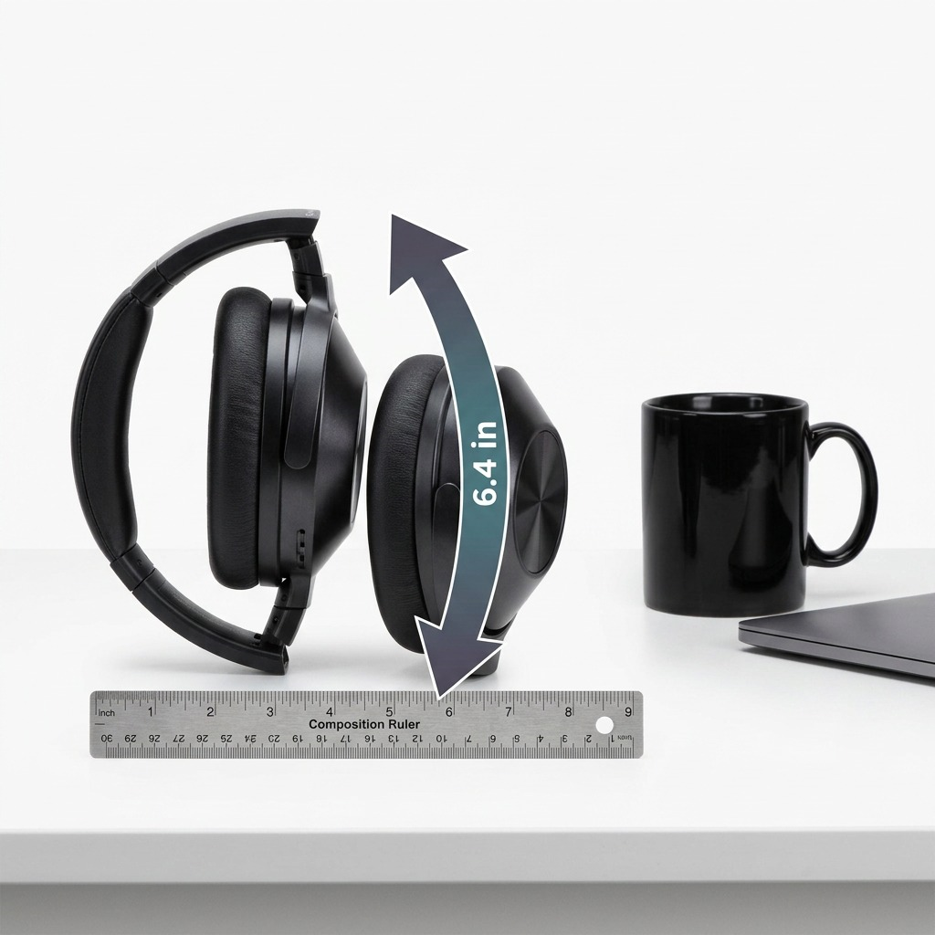 Sharp HP-60 headphones with 6.4 in width next to a ruler and a small banana for scale.