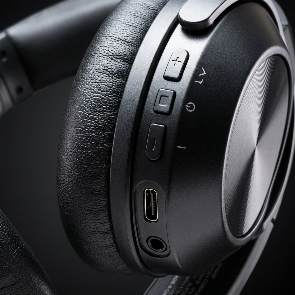 A detailed macro photograph showing the precise control interface and input panel on the SHARP HP-60 headphone earcup.