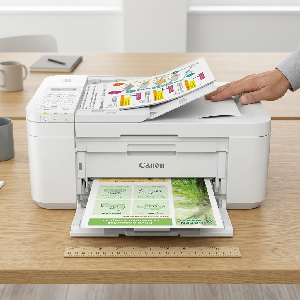 A Canon Pixma TR4720 printer shown with a ruler and an adult hand to illustrate its compact size.