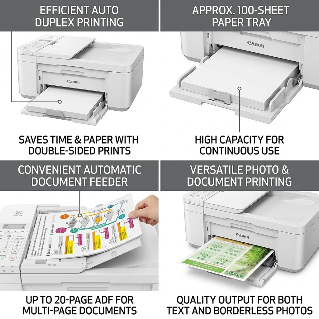 A product feature matrix image showcasing key capabilities of the Canon PIXMA TR4720 fine-tuned for ecommerce use.