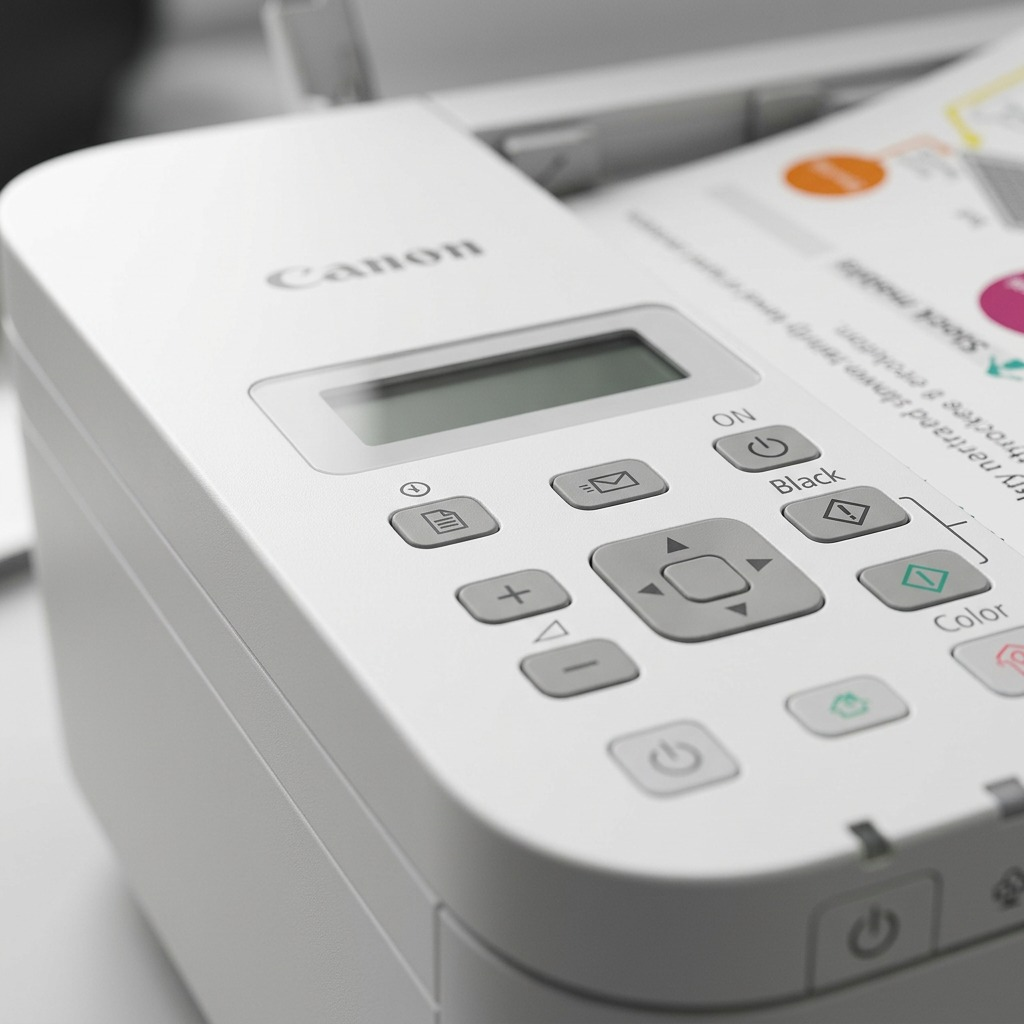 Extreme macro photo showing the detailed button cluster and small screen of the white Canon TR4720 printer.