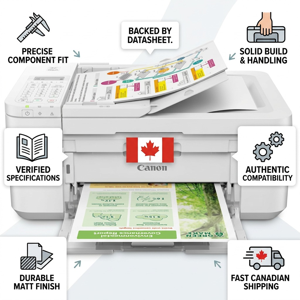 Trust and authority graphic around a Canon TR4720 printer with specific facts and Canadian shipping icon.
