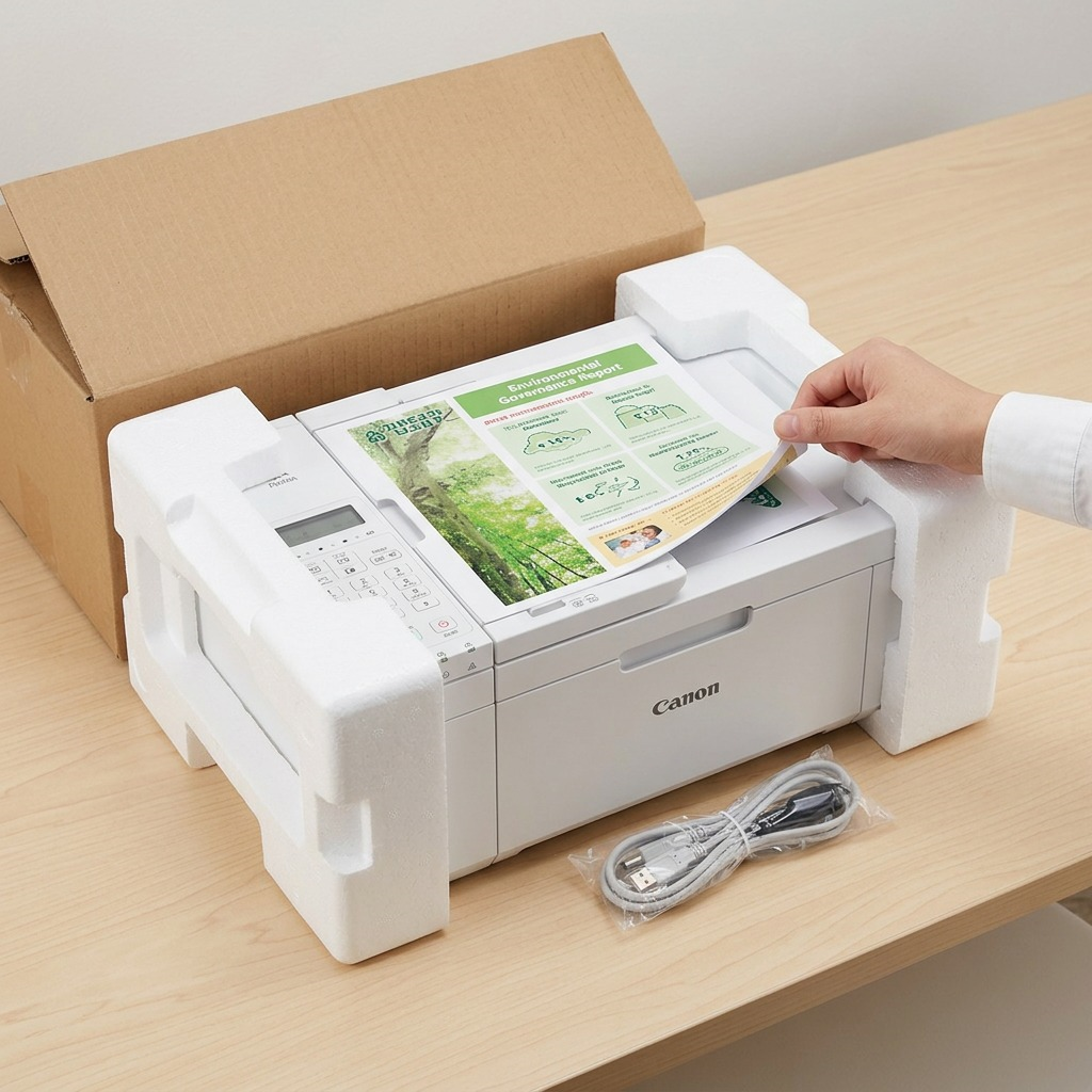 An image of the Cannon printer securely nestled within foam packaging, instilling a sense of shipping confidence and care.