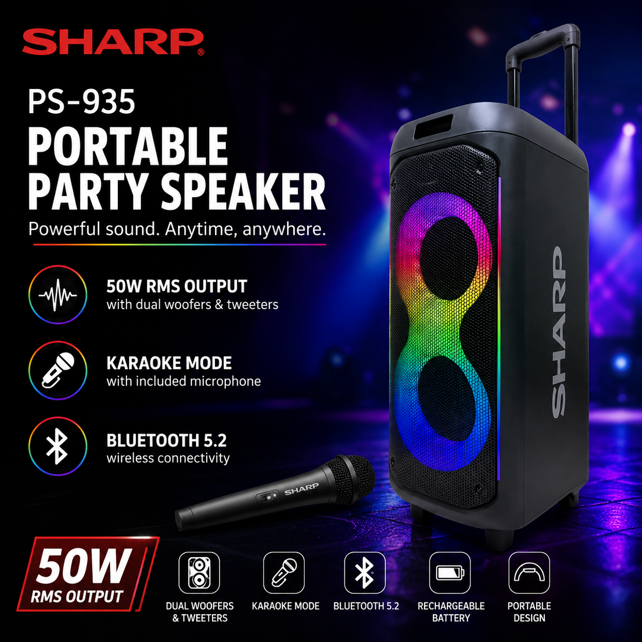 Sharp PS-935 Portable Party Speaker – 50W RMS, 15-Hour Battery, Bluetooth 5.2 & Karaoke