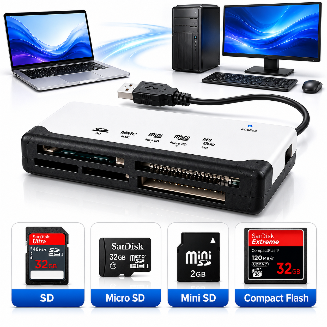 USB Card Reader all in one SD, Micro SD, Mini SD, Compact Flash, SDHC MMC MS M2 XD CF High Speed 2.0 480Mbps multi slot writer