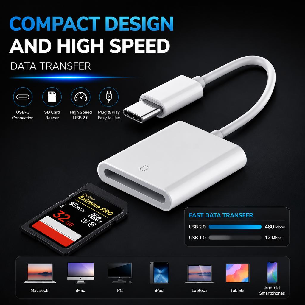 Card reader USB-C to SD for MacBook, iMac, Mac, iPad, PC, Laptops, Tablets and Android Smartphones High Speed USB 2.0 writer Type-C USB