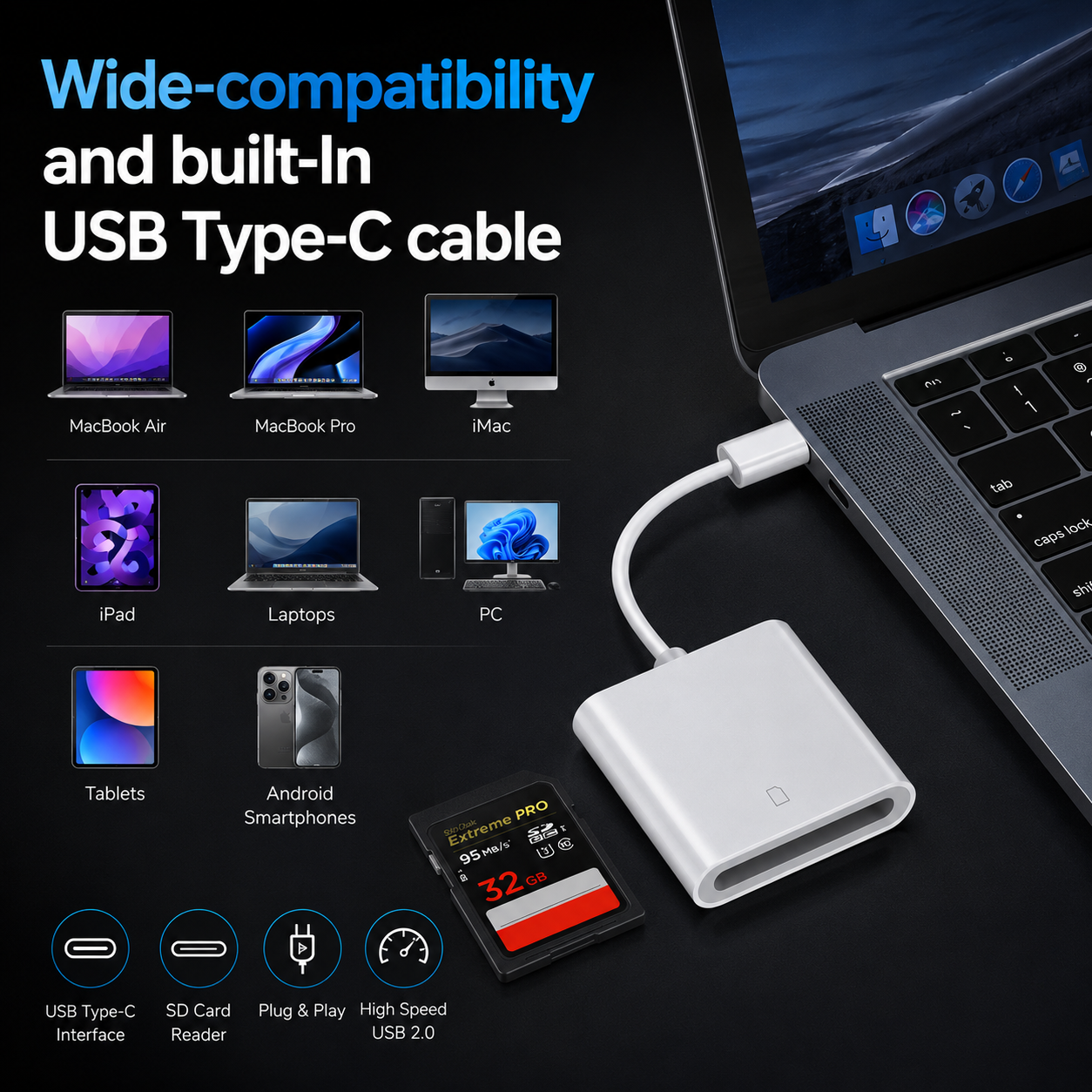 Card reader USB-C to SD for MacBook, iMac, Mac, iPad, PC, Laptops, Tablets and Android Smartphones High Speed USB 2.0 writer Type-C USB