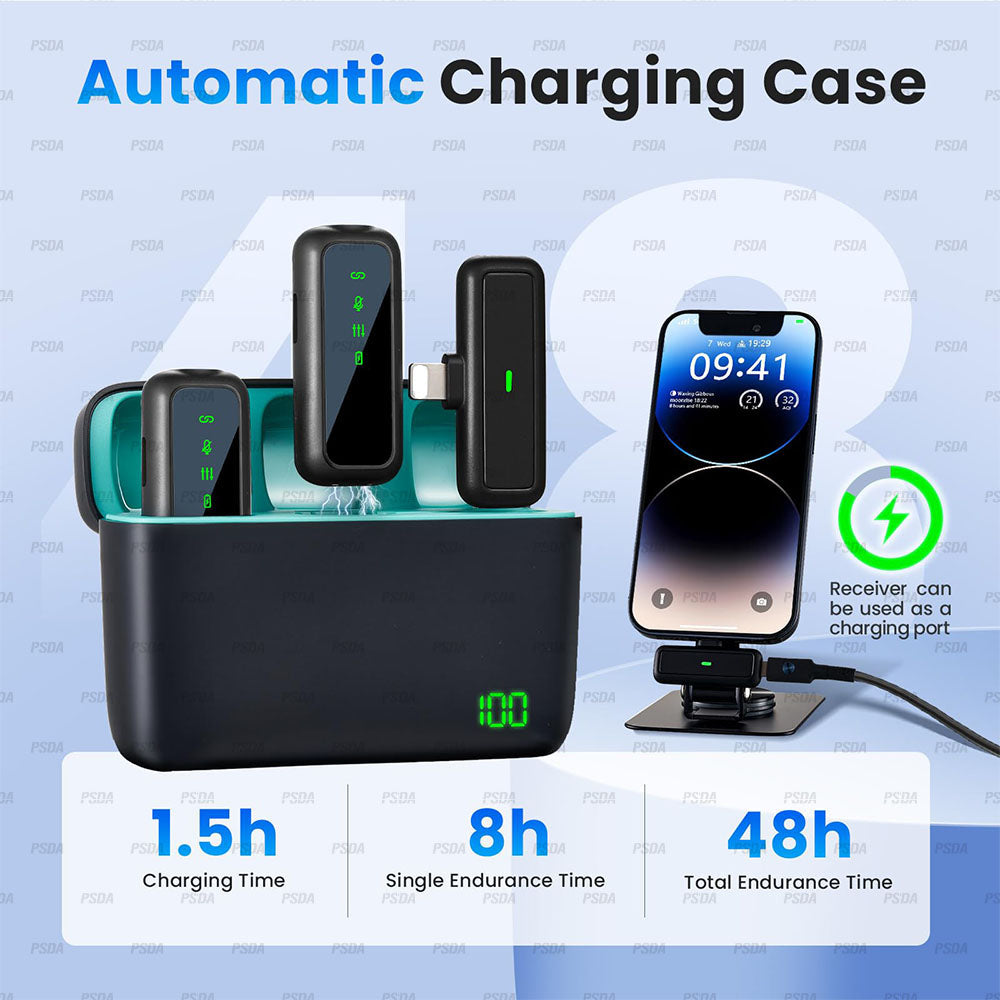 Wireless Microphone Bundle for iPhone with 2 Mini Mics 1 Receptor & Charging Base Great Lavalier Mic for TikTok Podcast Video