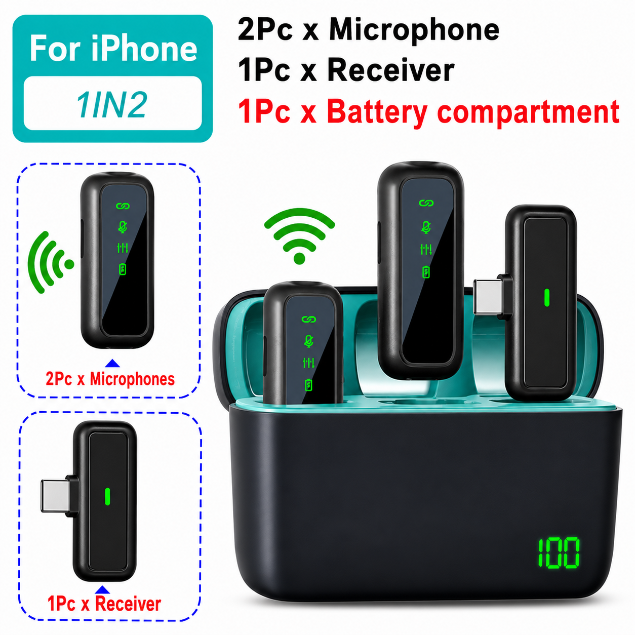 Wireless Microphone Bundle for iPhone with 2 Mini Mics 1 Receptor & Charging Base Great Lavalier Mic for TikTok Podcast Video