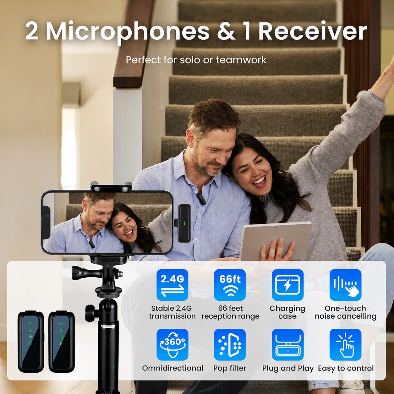 Wireless Microphone Bundle for iPhone with 2 Mini Mics 1 Receptor & Charging Base Great Lavalier Mic for TikTok Podcast Video